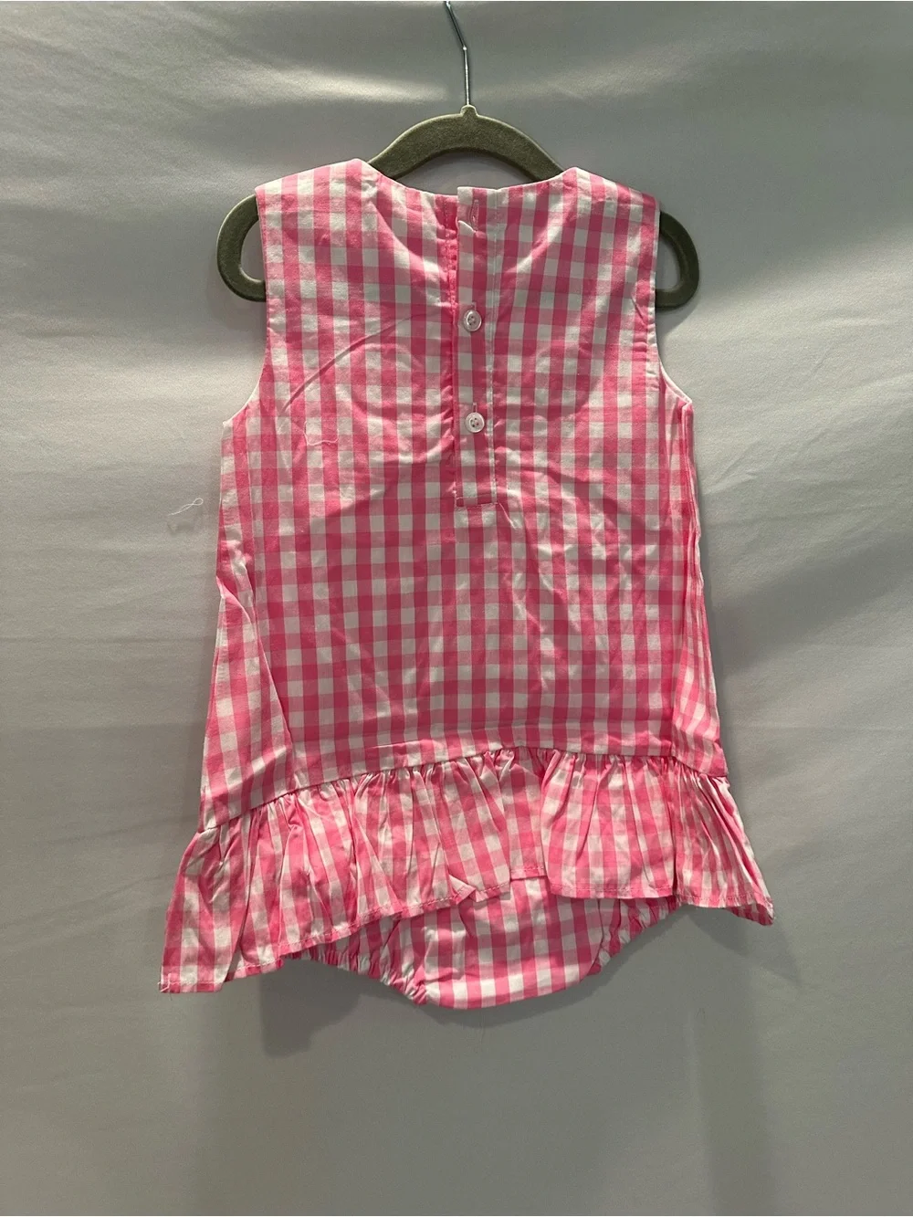 Pink Gingham Baby One-Piece Romper Dress with Floral Appliqués